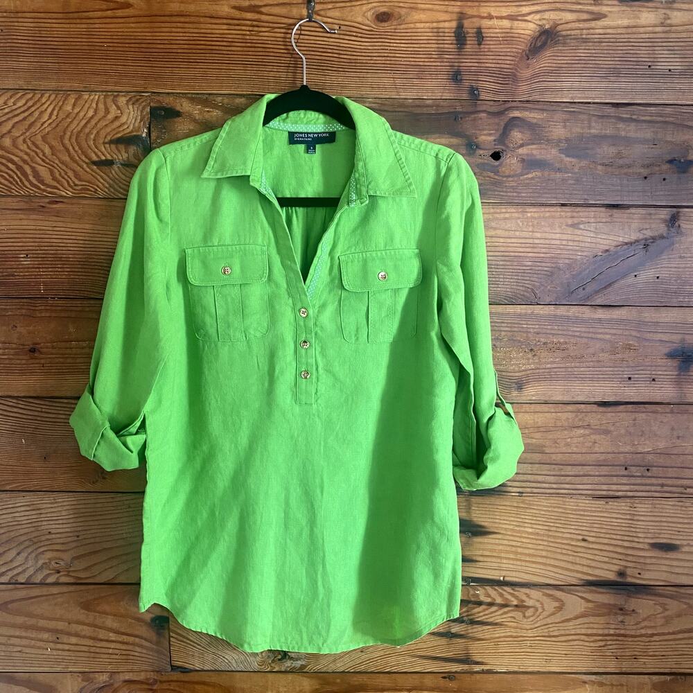 Jones New York green 3/4 button down linen shirt